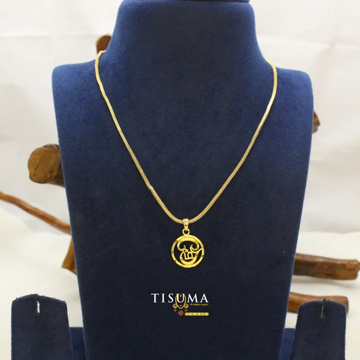 Traditional South Indian Gold Plated Sacred Tamil Om Circular Medallion Motif Dollar Pendant with Textured Wheat Chain for Women and Men